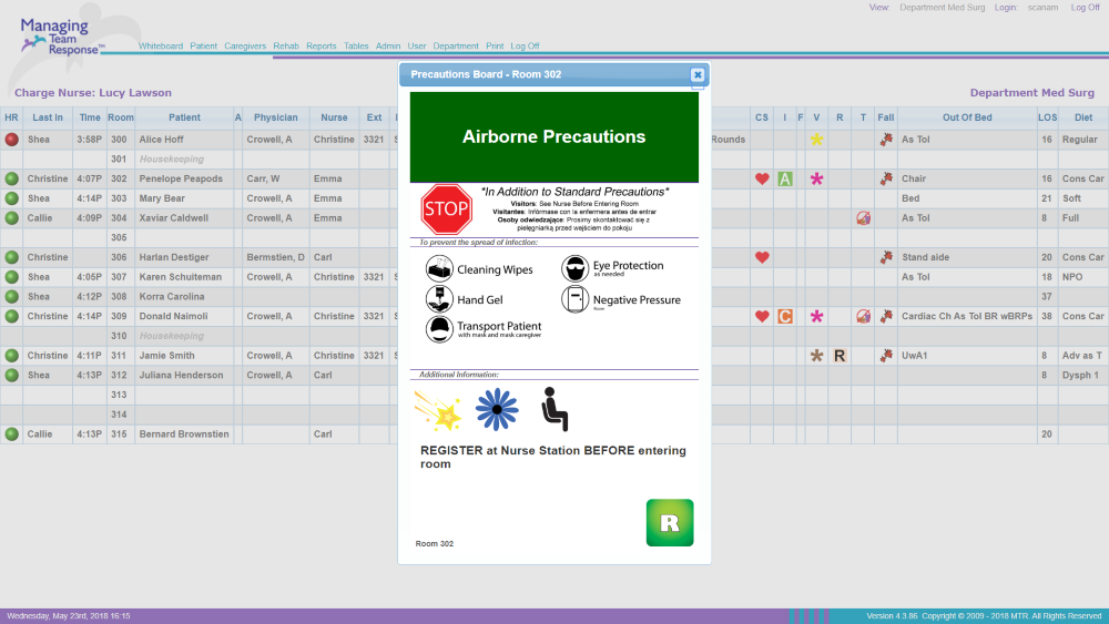 Digital Hallway Precaution displayed on MTR workstation view